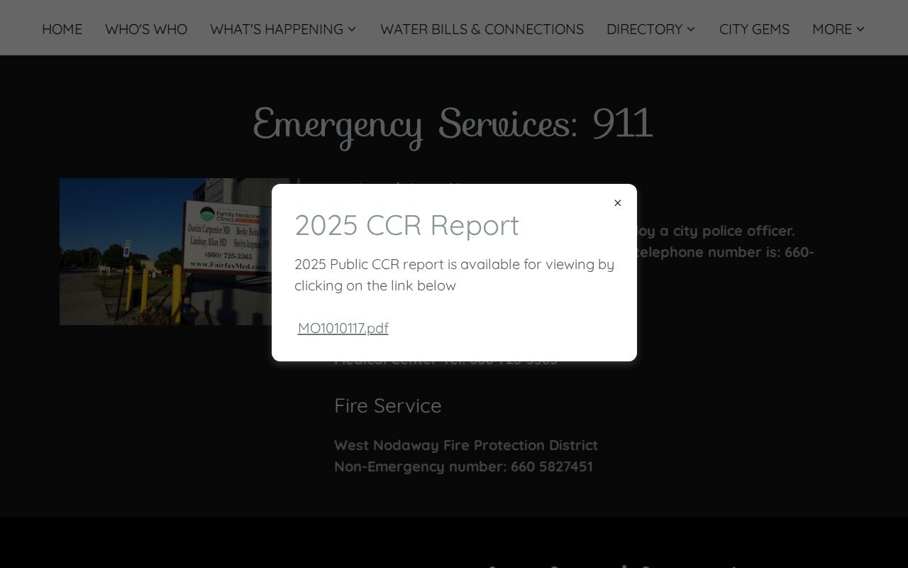 Burlington Junction Emergency Services page showing county law-enforcement routing for arrest records