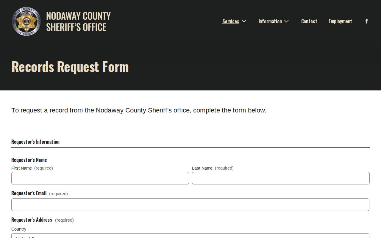 Nodaway County booking record request form from the Sheriff’s Office