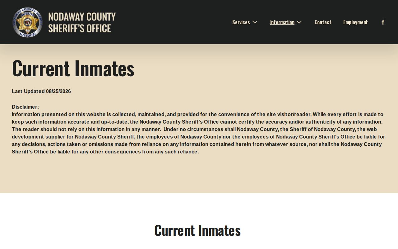 Nodaway County current inmate roster showing the official custody-record interface