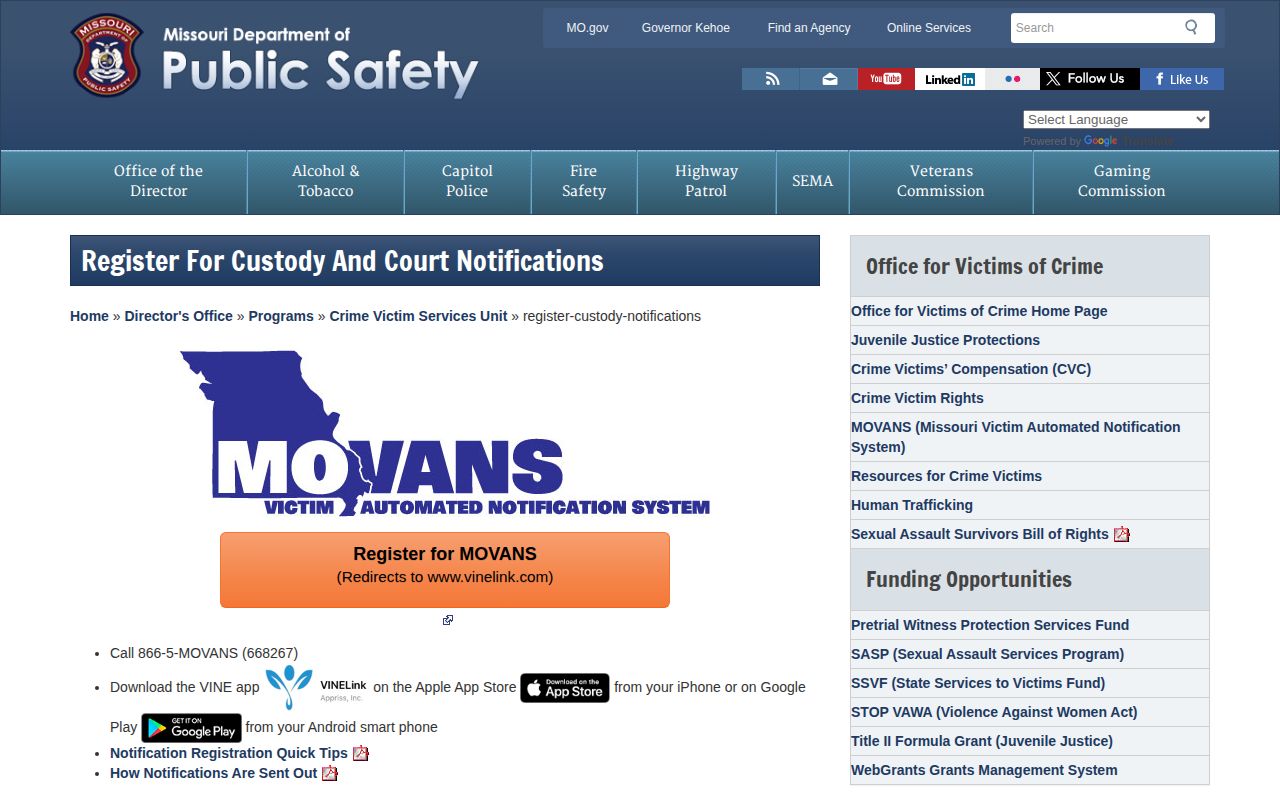 Nodaway County custody notification information on the Missouri MOVANS registration page
