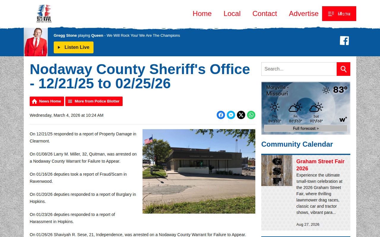 Nodaway County Sheriff police blotter date-window report on KVVL